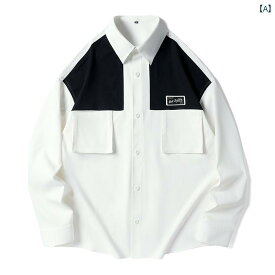 メンズ カジュアル シャツ 風 ワークウェア 風 薄手 長袖 シャツ 韓国 和風 カラー ブロック ジャケット