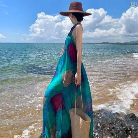 リゾート ワンピース レディース タイ 旅行 写真 海辺 休暇 ドレス 女性 夏 ビーズ 絞り染め バックレス サスペンダー ロング スカート