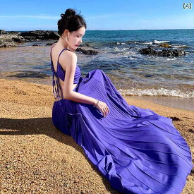 リゾート ワンピース レディース タイ 海辺 休暇 ビーチ スカート バックレス プリーツ サスペンダー ドレス ハイエンド 写真 ロング スカート