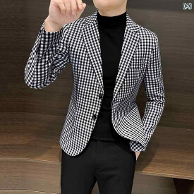 メンズ チェック柄 ブレザー 春秋 韓国 スリム 薄型 ハイエンド カジュアル スーツ