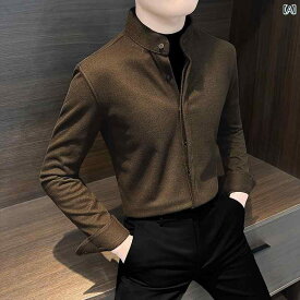 メンズ トップス フェイク ツーピース シャツ ウール 新 中華風 暖かい 冬 セーター ツーピース セット スタンドカラー シャツ