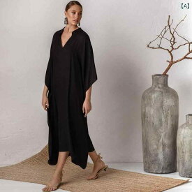 ローブ レディース エスニック ゆったり 快適 体型カバー 高級感 ドレス 黒 絹 Vネック 夏 カフタン 女性 アメリカ ゆったり シンプル ロング スカート