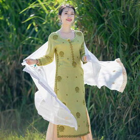 レディース ファッション インド 伝統的 服 民族衣装 女性 エスニックトップス 日常 綿 刺繍入り 服 ロング 抹茶 グリーン