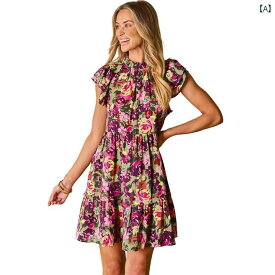 花柄 ワンピース リゾート ワンピ 夏 半袖 ドレス 女性 アメリカ ファッション ハイウエスト 膝丈 ショート スカート 女性