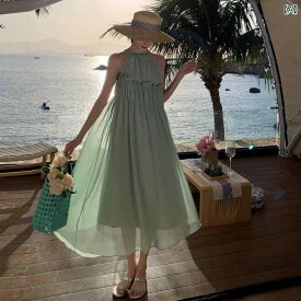サマー ドレス レディース 休暇 ワンピース リゾート 緑 白 ホルターネック ドレス 女性 エレガント ドレープ テクスチャ 体型カバー 膝丈 スカート