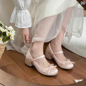 婦人靴 レディース シューズ フランス 厚手 ヒール スカート シングル シューズ ボウ メリージェーン 婦人靴 レトロ フェアリー 靴 優しい 浅い口 靴