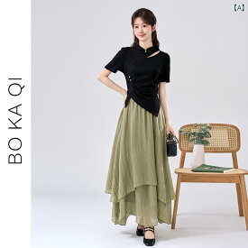 レディース ファッション 夏 スタンドカラー 不規則 T シャツ 女性 弾性 ハイウエスト スカート 中国