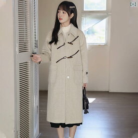 レディース ファッション 秋冬 スーツ 襟 オートミール ホーンボタン ウール コート 女性 ガーリー カレッジ 小さい ウール コート