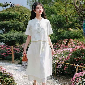 レディース ファッション 中華風 スーツ 女性 夏 スタンドカラー 半袖 シャツ ハイウエスト スカート 2点 セット