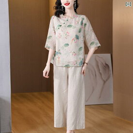 レディース ファッション 中華風 ラミー チャイナ シャツ スーツ 女性 ハイエンド カジュアル マザー コットンリネン トップス ツーピース セット