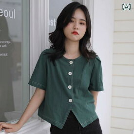 レディース ファッション カレッジ 大人かわいい 韓国 ウエスタンシャツ トップス 女性 夏 レトロ ラウンドネック 無地 雰囲気 シャツ