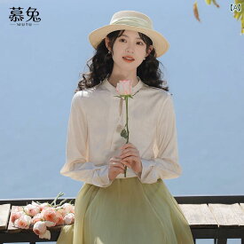 レディース ファッション カレッジ 大人かわいい 中華風 ディスク ボタン 長袖 シャツ 女性 春 ユニーク スタンドカラー トップス