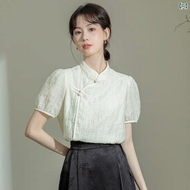 レディース ファッション カレッジ 大人かわいい 小さい 中華風 プレート ボタン 付き トップス 女性 夏 ハイエンド 半袖 シャツ