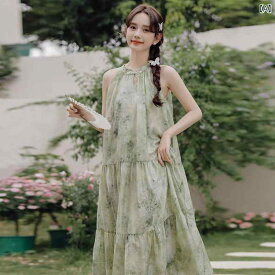 ワンピース レディース 大人 かわいい 中華風 ホルターネック 海辺 休日 ドレス 女性 夏 穏か 花柄 スカート ハイエンド ドレス