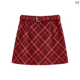 レディース ボトムス 辰年 赤 チェック柄 スカート 女性 冬 厚手 a ライン バッグ ヒップ ウール ショート スカート