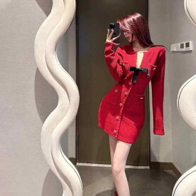 レディース ファッション ワンピース イブニング バースデー ドレス シャツ フレンチ 小さい 赤い ドレス 恒例 パーティー ドレス ハイエンド 軽量 女性 赤い ニット ドレス