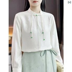 レディース ファッション グリーン タッセル プレート ボタン 中国 ジャカード シャツ 女性 スタンドカラー エスニック 桑 トップス