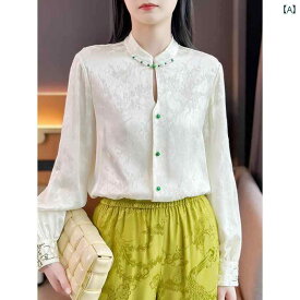 レディース ファッション ホワイト 中国 ディスク ボタン ヘビー ジャカード シャツ 女性 長袖 刺繍 桑 トップス