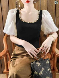 レディース トップス シャツ 大人 かわいい ガーリー サマー 婦人服 快適 冷感 半袖 T シャツ 女性用 夏 ファッション シフォン パフスリーブ ショート