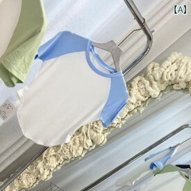 レディース トップス サマー カジュアル 普段使い ラグラン 袖 対照的 色 糸 綿 半袖 T シャツ 女性 夏 韓国 綿 カーブ 裾 不規則