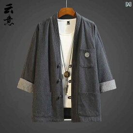 デニムジャケット メンズ 春 中華風 デニム カーディガンジャケット バックル 唐装 レトロ 漢服 中国 茶道 スーツ レトロ 衣装 道教 ローブ