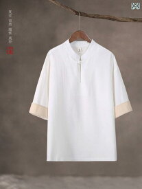 メンズ ファッション 中華風 夏 薄手 綿 レトロ 七分袖 スタンドカラー ボタン プルオーバー シャ ツメ ンズ トップス
