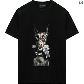 T シャツ かっこいい メンズ トップス アメリカ ストリート ファッション レトロ 射 出 プリント 悪質 犬頭 綿 カップル 半袖 シャツ