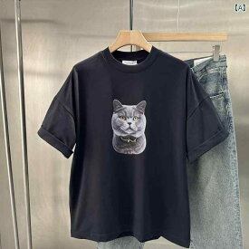 T シャツ メンズ トップス 夏 ヘビー コットン 子猫 プリント ラウンドネック 半袖 シャツ