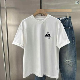 T シャツ メンズ トップス 夏 バック キャラクター プリント ラウンドネック 半袖 シャツ 韓国 カジュアル 綿 半袖 シャツ