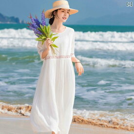 ワンピース レディース きれいめ 上品 婦人服 女性 ハイエンド 白い ラミー ドレス エスニック 旅行 スーパー フェアリー 海辺 休暇 ビーチ ロング ドレス