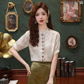 レディース シャツ ブラウス きれいめ 上品 婦人服 中華風 夏 刺繍 ファッション トップス 女性 桑 エスニック シャツ