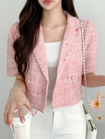 レディース ファッション 韓国 シック 夏 若々しい レトロ エレガント 女性 ダブル ボタン ツイード スーツ ジャケット