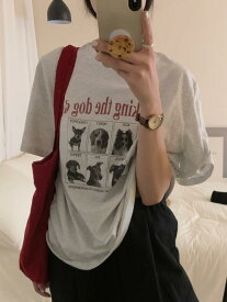 レディース トップス 韓国 シック 夏 若々しい レトロ レター 子犬 プリント 半袖 T シャツ 女性用