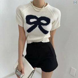 レディース ファッション 韓国 シック 夏 若々しい レトロ リボン カー リング 半袖 セーター トップス 女性用