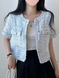 レディース ファッション 韓国 シック 夏 若々しい エレガント ラウンドネック 半袖 軽量 高級 スリム ツイードジャケット 女性用