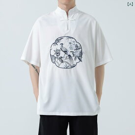 Tシャツ トップス メンズ チャイナ風 レトロ 夏 唐装 刺繍 大きいサイズ 中国 茶道 スーツ