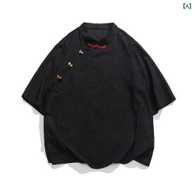 Tシャツ トップス メンズ チャイナ風 レトロ 綿 リネン 夏 唐装 スタンドカラー シャツ 茶 瞑想 スーツ