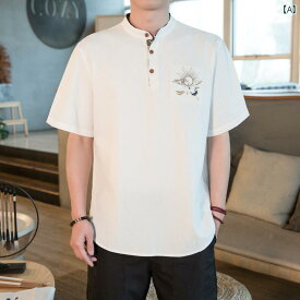 Tシャツ トップス メンズ 中華風 サマー ウェア カジュアル かっこいい 普段着 日常使い 刺繍入り リネン 夏 男性 大きいサイズ 唐 スーツ 綿 リネン