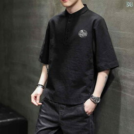 Tシャツ トップス メンズ 中華風 サマー ウェア カジュアル かっこいい 普段着 日常使い リネン 刺繍 綿 リネン 薄手 スタンドカラー