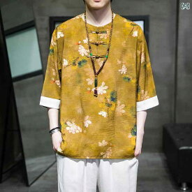 Tシャツ トップス メンズ 中華風 サマー ウェア カジュアル かっこいい 普段着 日常使い 夏 薄手 冷感 ボタン ダウン 唐 スーツ レトロ プリント