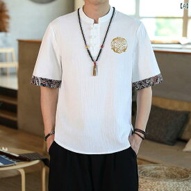Tシャツ トップス メンズ 中華風 サマー ウェア カジュアル かっこいい 普段着 日常使い 刺繍 リネン 大きいサイズ 夏 レトロ 綿 リネン 唐 スーツ