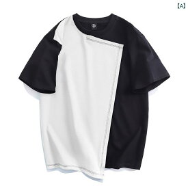 T シャツ メンズ マッスル スタイリッシュ 用 不規則 半袖 シャツ 綿 スプライシング 非対称 レトロ ナショナル トップス 中華風 紳士服