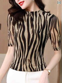 半袖 シャツ トップス ブラウス きれいめ 上品 レディース 夏 韓国 縦縞 メッシュ T シャツ 女性 サマー スタイリッシュ 美しい スリム ハーフ タートルネック トップス