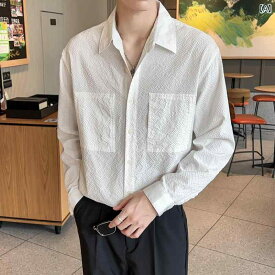 メンズ ファッション 凹凸 テクスチャー 白 シャツ 長袖 高級感 韓国 カジュアル 和風 ライト 大人 シャツ