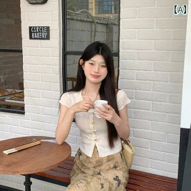 レディース ファッション ディスク ボタン Vネック トップス 蝶 花柄 スカート 中国 ツーピース 女性 夏