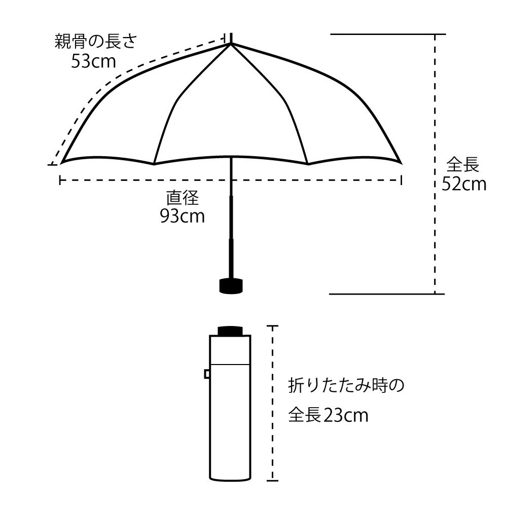 晴雨兼用傘、日傘、雨傘、三つ折り、直径93cm(骨の長さ)