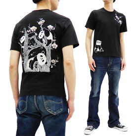 花旅楽団 ST-801 Tシャツ 梅とパンダ 刺繍 メンズ 和柄 半袖tee ブラック 新品