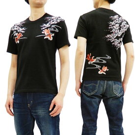 花旅楽団 ST-802 Tシャツ 桜と金魚 刺繍 メンズ 和柄 半袖tee ブラック 新品
