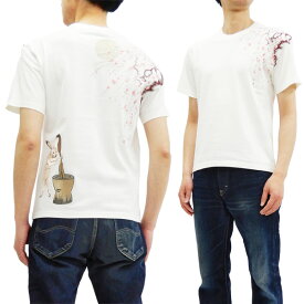 花旅楽団 ST-803 Tシャツ 月兔と枝垂桜 刺繍 メンズ 和柄 半袖tee オフ白 新品