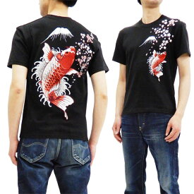 花旅楽団 ST-804 Tシャツ 桜と緋鯉 刺繍 メンズ 和柄 半袖tee ブラック 新品